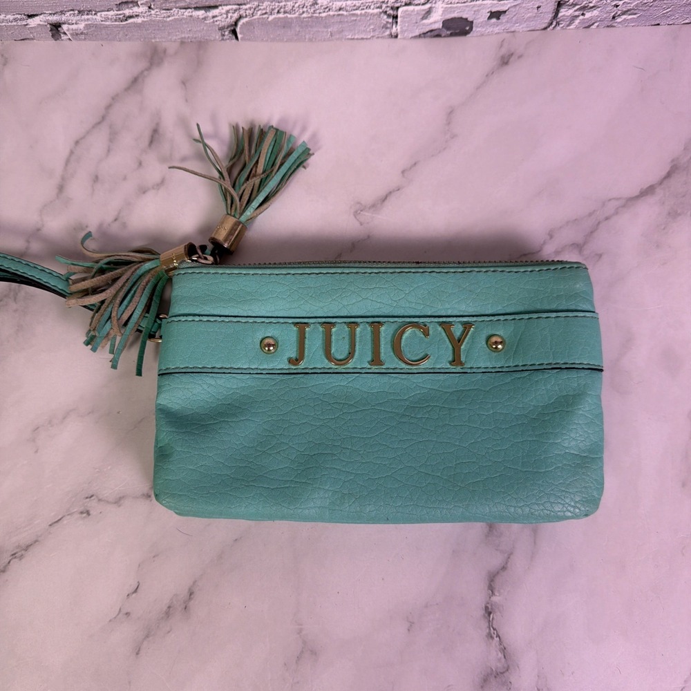 Vintage Juicy Couture Mint Green Clutch Wristlet Tassel Logo Pink Lining